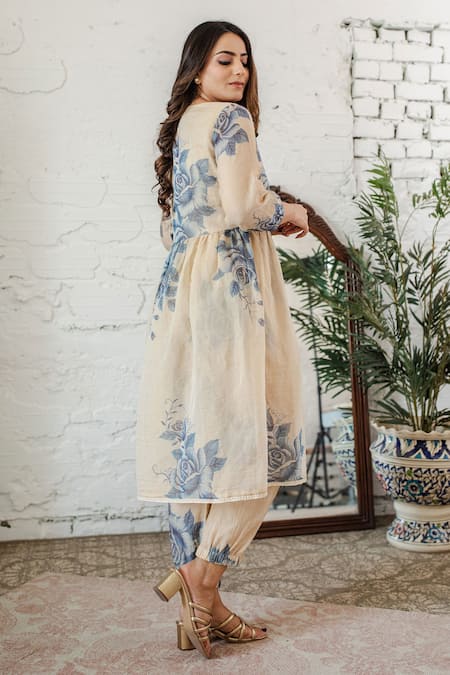 Shop_Naaz By Noor_Beige Cotton, Chanderi, Dupatta Organza Floral Print Round Neck Anarkali Set _at_Aza_Fashions