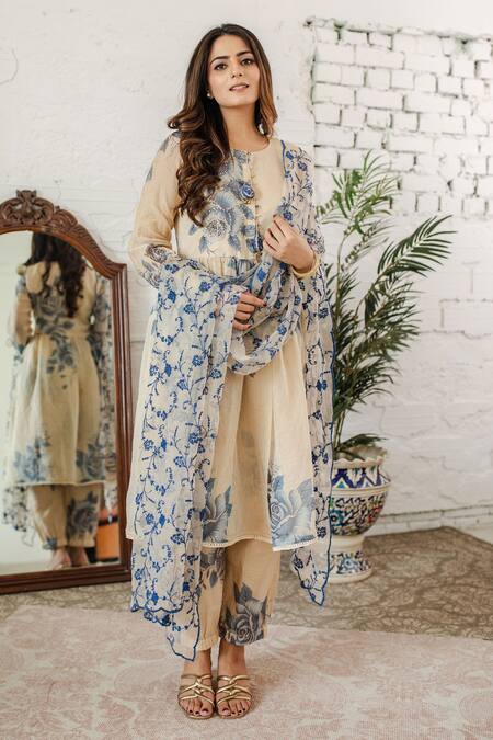 Buy_Naaz By Noor_Beige Cotton, Chanderi, Dupatta Organza Floral Print Round Neck Anarkali Set _Online_at_Aza_Fashions