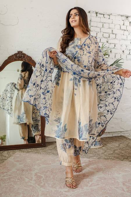 Shop_Naaz By Noor_Beige Cotton, Chanderi, Dupatta Organza Floral Print Round Neck Anarkali Set _Online_at_Aza_Fashions