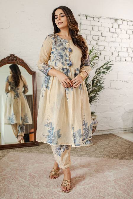 Naaz By Noor_Beige Cotton, Chanderi, Dupatta Organza Floral Print Round Neck Anarkali Set _at_Aza_Fashions