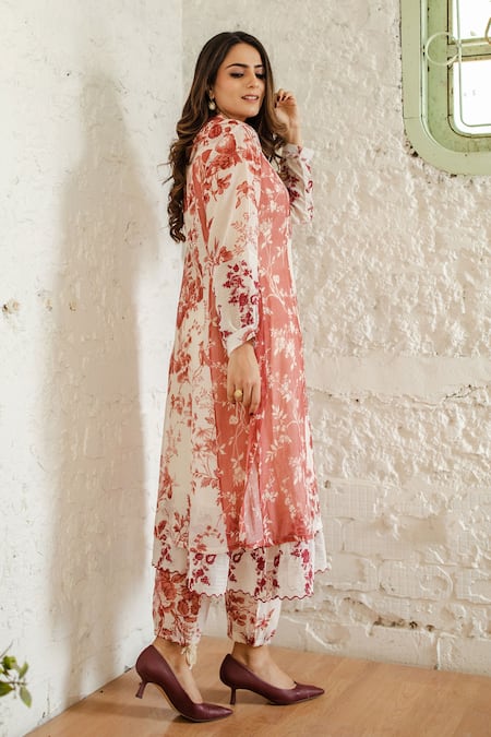 Shop Naaz By Noor White Cotton, Organza, Chanderi Floral Print Band Collar Kurta Set at Aza Fashions Shop_Naaz By Noor_White Cotton, Organza, Chanderi Floral Print Band Collar Kurta Set _at_Aza_Fashions