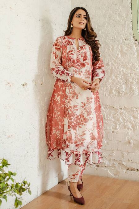 Naaz By Noor White Cotton, Organza, Chanderi Floral Print Band Collar Kurta Set Online at Aza Fashions Naaz By Noor_White Cotton, Organza, Chanderi Floral Print Band Collar Kurta Set _Online_at_Aza_Fashions