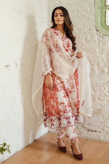 Buy Naaz By Noor White Cotton, Organza, Chanderi Floral Print Band Collar Kurta Set Online at Aza Fashions Buy_Naaz By Noor_White Cotton, Organza, Chanderi Floral Print Band Collar Kurta Set _Online_at_Aza_Fashions