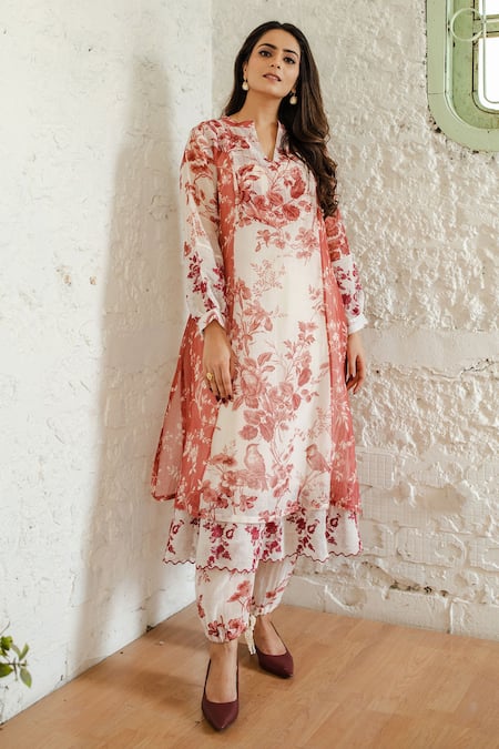 Shop Naaz By Noor White Cotton, Organza, Chanderi Floral Print Band Collar Kurta Set Online at Aza Fashions Shop_Naaz By Noor_White Cotton, Organza, Chanderi Floral Print Band Collar Kurta Set _Online_at_Aza_Fashions