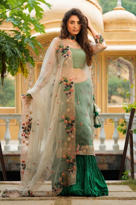 Pallavi Jaipur_Green Kurta And Dupatta Organza & Skirt Silk Lining Shantoon Dori Lehenga Set_Online_at_Aza_Fashions