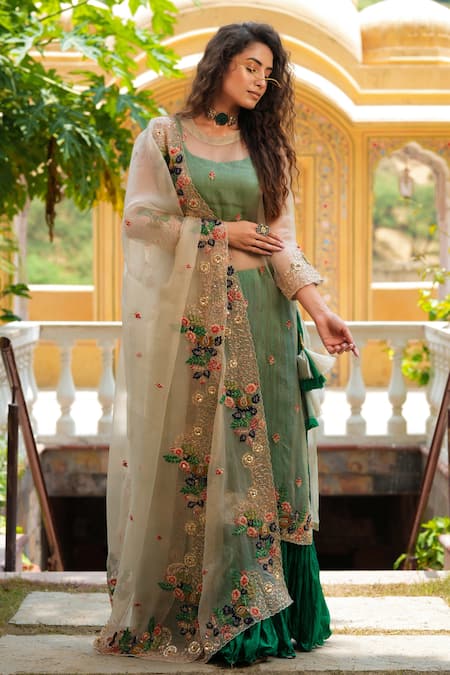 Buy_Pallavi Jaipur_Green Kurta And Dupatta Organza & Skirt Silk Lining Shantoon Dori Lehenga Set_Online_at_Aza_Fashions