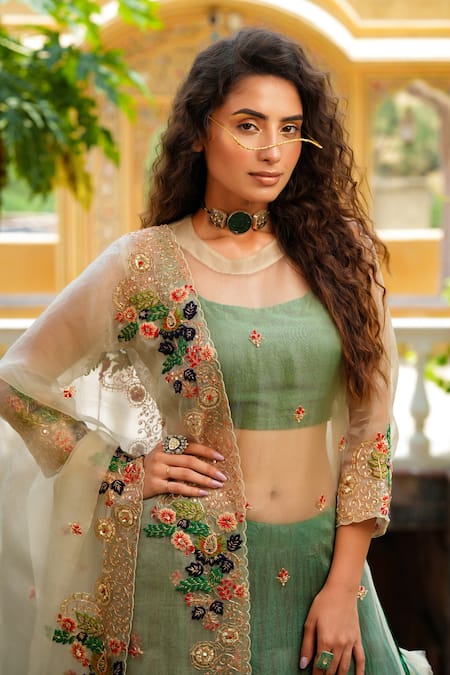 Pallavi Jaipur_Green Kurta And Dupatta Organza & Skirt Silk Lining Shantoon Dori Lehenga Set_at_Aza_Fashions