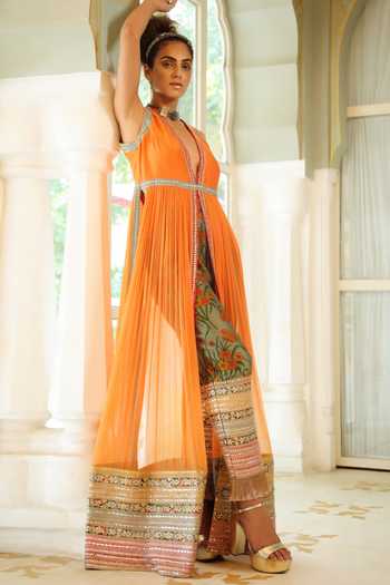 Pallavi Jaipur_Orange Jacket Chanderi And Chiffon & Pants Chanderi Lining Mulmul & Set _Online_at_Aza_Fashions