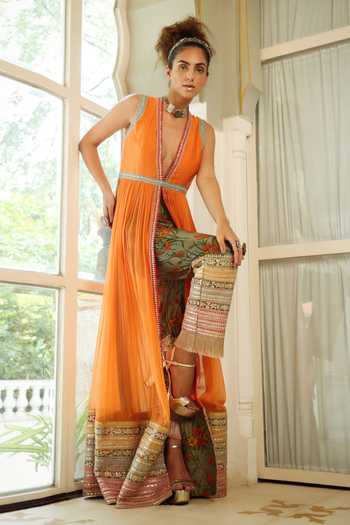 Buy_Pallavi Jaipur_Orange Jacket Chanderi And Chiffon & Pants Chanderi Lining Mulmul & Set _Online_at_Aza_Fashions