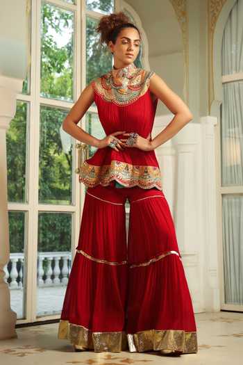 Shop_Pallavi Jaipur_Red Wrinkle Crepe Lining Shantoon Gota Patti Embroidered Tunic And Sharara Set _Online_at_Aza_Fashions