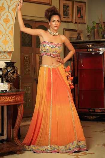 Pallavi Jaipur_Yellow Shrug And Lehenga Chiffon & Bandeau Silk Blend Lining Embroidered Set _Online_at_Aza_Fashions
