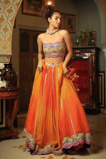 Buy_Pallavi Jaipur_Yellow Shrug And Lehenga Chiffon & Bandeau Silk Blend Lining Embroidered Set _Online_at_Aza_Fashions