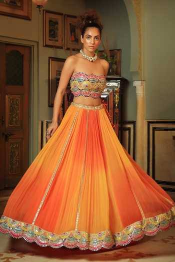 Shop_Pallavi Jaipur_Yellow Shrug And Lehenga Chiffon & Bandeau Silk Blend Lining Embroidered Set _Online_at_Aza_Fashions