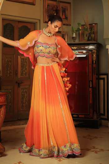 Pallavi Jaipur_Yellow Shrug And Lehenga Chiffon & Bandeau Silk Blend Lining Embroidered Set _at_Aza_Fashions