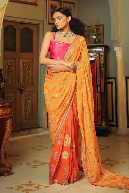 11 Chic Contrast Blouse Ideas For Orange Sarees • Keep Me Stylish