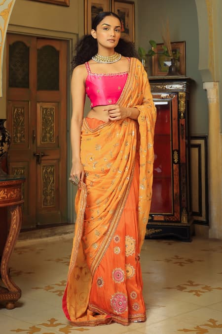 Shop_Pallavi Jaipur_Orange Saree Summer Silk And Blouse Chanderi Lining Shantoon Shaded With_Online_at_Aza_Fashions