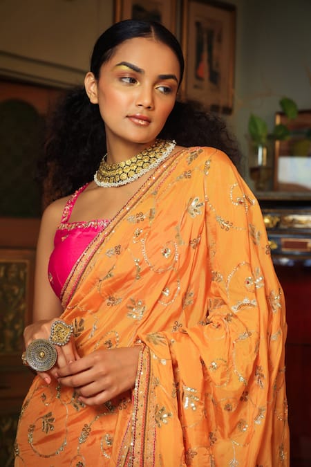 Pallavi Jaipur_Orange Saree Summer Silk And Blouse Chanderi Lining Shantoon Shaded With_at_Aza_Fashions