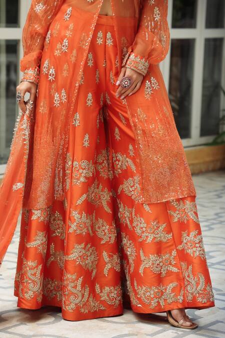 Shop_Pallavi Jaipur_Orange Organza And Chanderi Lining Shantoon Embroidered Jacket Sharara Set_Online_at_Aza_Fashions