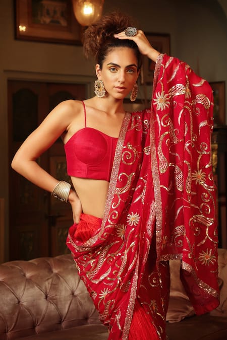Shop Pallavi Jaipur Red Corset Silk Blend And Skirt Silk Lining Shantoon, Embroidered Lehenga Set Online at Aza Fashions Shop_Pallavi Jaipur_Red Corset Silk Blend And Skirt Silk Lining Shantoon, Embroidered Lehenga Set_Online_at_Aza_Fashions