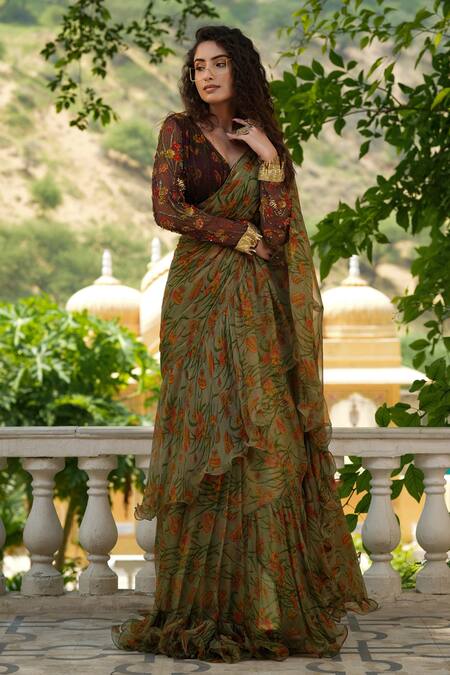 Pallavi Jaipur Green Chiffon Lining Shantoon Floral Print, Pre-pleated Saree With Blouse Online at Aza Fashions Pallavi Jaipur_Green Chiffon Lining Shantoon Floral Print, Pre-pleated Saree With Blouse _Online_at_Aza_Fashions