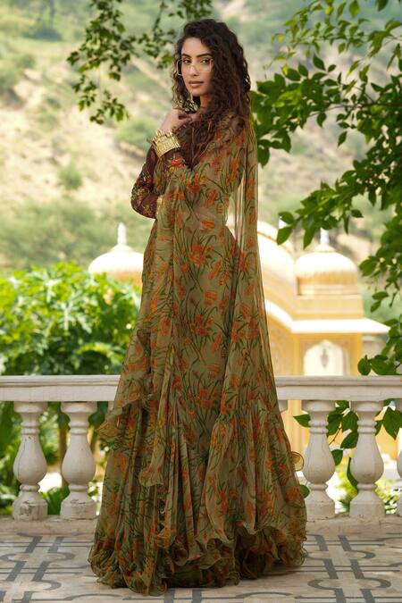 Shop Pallavi Jaipur Green Chiffon Lining Shantoon Floral Print, Pre-pleated Saree With Blouse Online at Aza Fashions Shop_Pallavi Jaipur_Green Chiffon Lining Shantoon Floral Print, Pre-pleated Saree With Blouse _Online_at_Aza_Fashions