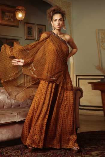 Shop Pallavi Jaipur Yellow Jumpsuit Silk Satin And Toga Chiffon Geometric Print, Sequin & With at Aza Fashions Shop_Pallavi Jaipur_Yellow Jumpsuit Silk Satin And Toga Chiffon Geometric Print, Sequin & With_at_Aza_Fashions