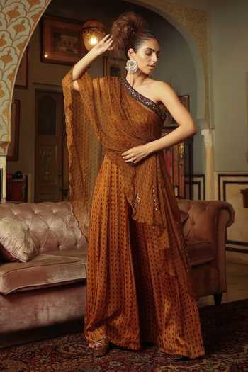 Pallavi Jaipur Yellow Jumpsuit Silk Satin And Toga Chiffon Geometric Print, Sequin & With Online at Aza Fashions Pallavi Jaipur_Yellow Jumpsuit Silk Satin And Toga Chiffon Geometric Print, Sequin & With_Online_at_Aza_Fashions