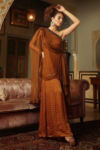 Shop Pallavi Jaipur Yellow Jumpsuit Silk Satin And Toga Chiffon Geometric Print, Sequin & With Online at Aza Fashions Shop_Pallavi Jaipur_Yellow Jumpsuit Silk Satin And Toga Chiffon Geometric Print, Sequin & With_Online_at_Aza_Fashions