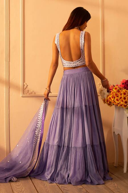 Shop_Glittire by Sakshi Verma_Purple Blouse Silk Chanderi Embroidered Mirror And Vanda Orchid Lehenga Set _at_Aza_Fashions