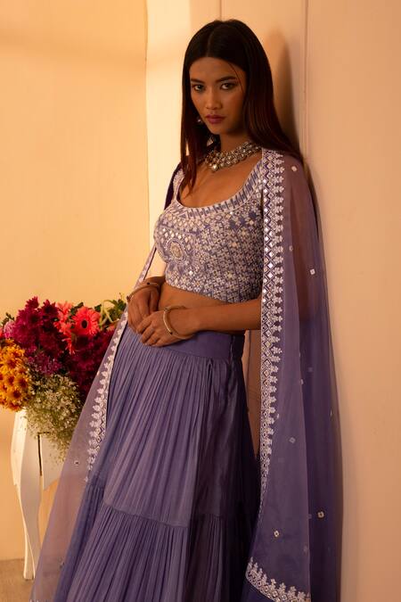 Buy_Glittire by Sakshi Verma_Purple Blouse Silk Chanderi Embroidered Mirror And Vanda Orchid Lehenga Set _Online_at_Aza_Fashions