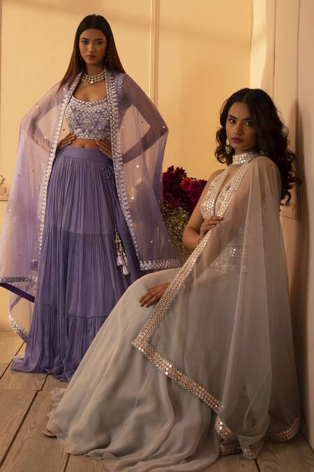 Shop_Glittire by Sakshi Verma_Purple Blouse Silk Chanderi Embroidered Mirror And Vanda Orchid Lehenga Set _Online_at_Aza_Fashions