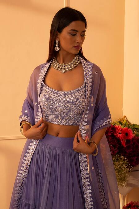 Glittire by Sakshi Verma_Purple Blouse Silk Chanderi Embroidered Mirror And Vanda Orchid Lehenga Set _at_Aza_Fashions