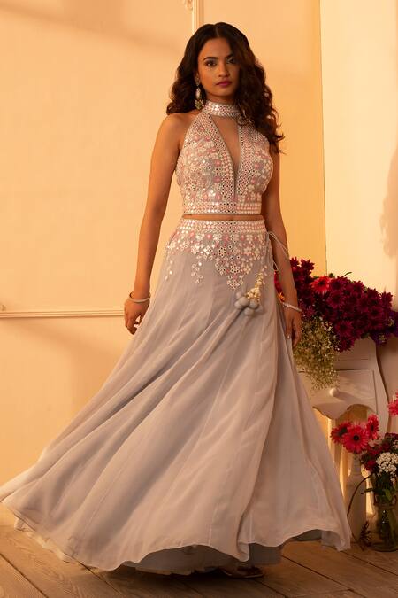 Buy_Glittire By Sakshi Verma_Grey Blouse Silk Chanderi, Dupatta Organza, Lehenga Eucalyptus And Set_Online_at_Aza_Fashions