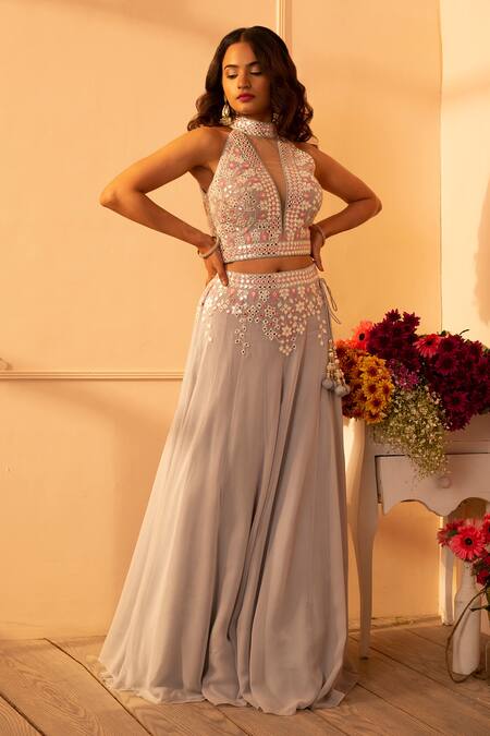 Shop_Glittire By Sakshi Verma_Grey Blouse Silk Chanderi, Dupatta Organza, Lehenga Eucalyptus And Set_Online_at_Aza_Fashions