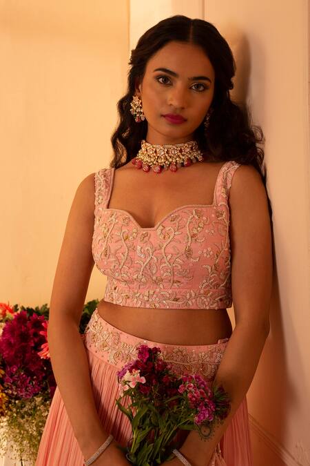 Shop_Glittire By Sakshi Verma_Pink Blouse Silk Chanderi, Dupatta Organza, Lehenga Nerine Gathered Set_Online_at_Aza_Fashions