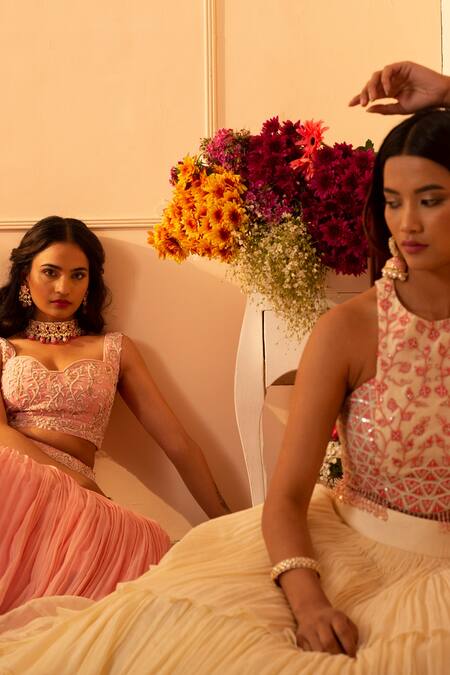 Glittire By Sakshi Verma_Pink Blouse Silk Chanderi, Dupatta Organza, Lehenga Nerine Gathered Set_at_Aza_Fashions