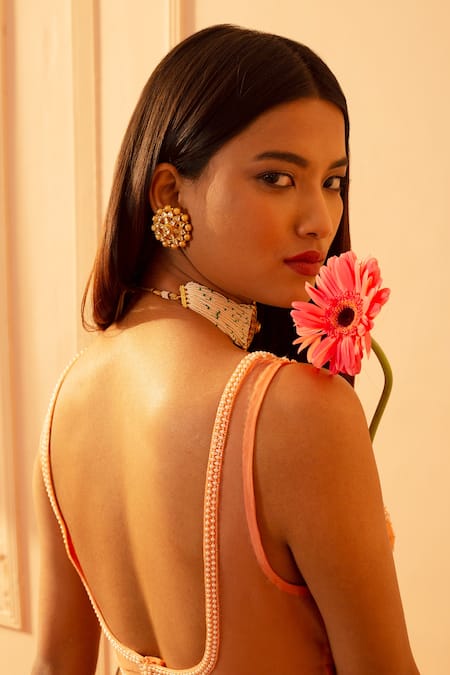 Shop_Glittire By Sakshi Verma_Peach Blouse Silk Chanderi, Dupatta Organza, Everlasting Daisy Lehenga Set_Online_at_Aza_Fashions