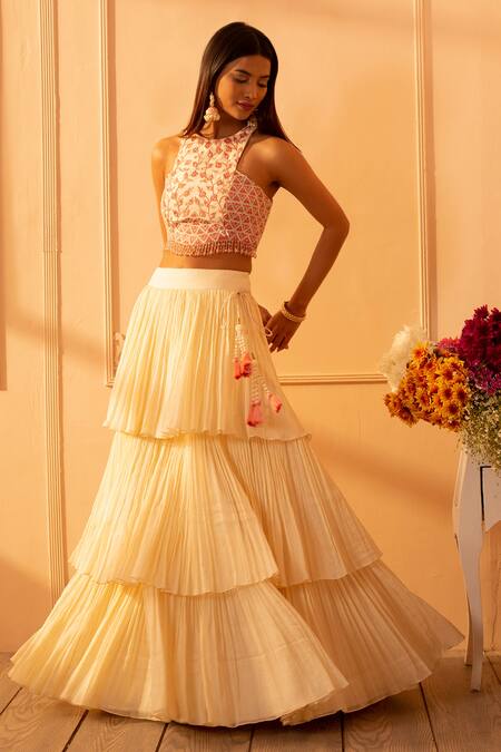 Buy_Glittire By Sakshi Verma_White Resham, Sequin Applique, Hand Made Tassels Tiered Lehenga Set With Blouse_Online_at_Aza_Fashions