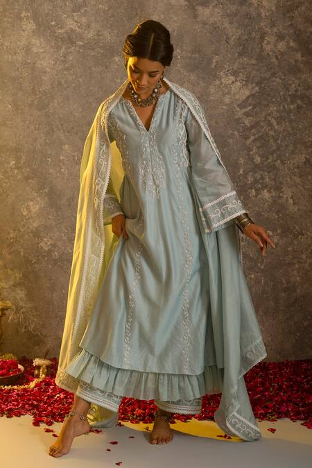 Shop Glittire By Sakshi Verma Blue Silk Chanderi Embroidered Dori And Pearl Work V Kurta Palazzo Set at Aza Fashions Shop_Glittire By Sakshi Verma_Blue Silk Chanderi Embroidered Dori And Pearl Work V Kurta Palazzo Set _at_Aza_Fashions