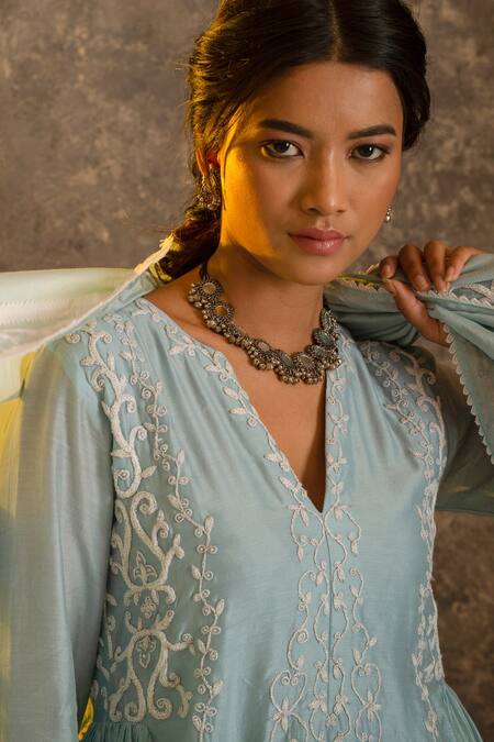 Glittire By Sakshi Verma Blue Silk Chanderi Embroidered Dori And Pearl Work V Kurta Palazzo Set Online at Aza Fashions Glittire By Sakshi Verma_Blue Silk Chanderi Embroidered Dori And Pearl Work V Kurta Palazzo Set _Online_at_Aza_Fashions