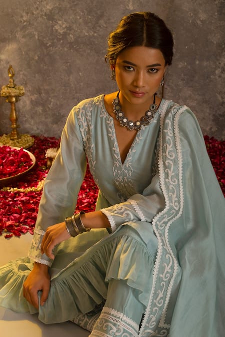 Buy Glittire By Sakshi Verma Blue Silk Chanderi Embroidered Dori And Pearl Work V Kurta Palazzo Set Online at Aza Fashions Buy_Glittire By Sakshi Verma_Blue Silk Chanderi Embroidered Dori And Pearl Work V Kurta Palazzo Set _Online_at_Aza_Fashions