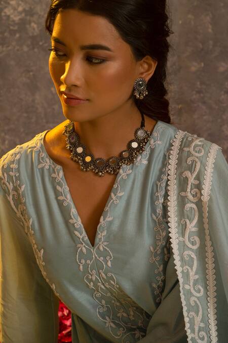 Glittire By Sakshi Verma Blue Silk Chanderi Embroidered Dori And Pearl Work V Kurta Palazzo Set at Aza Fashions Glittire By Sakshi Verma_Blue Silk Chanderi Embroidered Dori And Pearl Work V Kurta Palazzo Set _at_Aza_Fashions