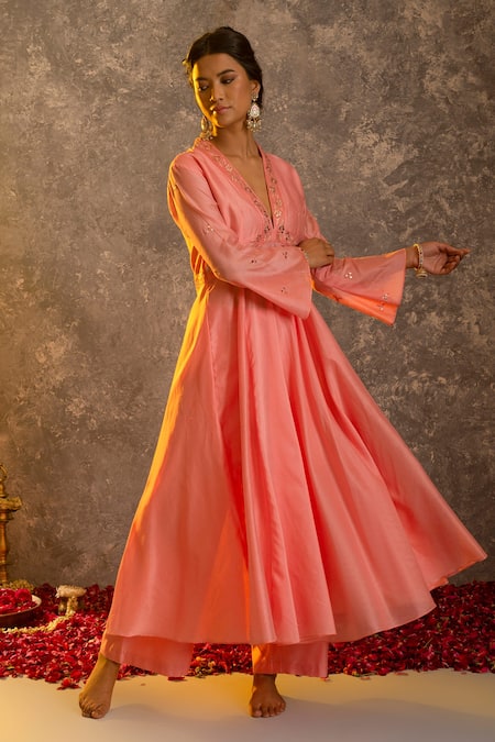 Glittire by Sakshi Verma Pink Silk Chanderi Embroidered Resham And Mirror Work Kurta Palazzo Set  