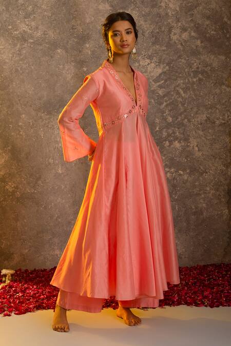 Shop Glittire By Sakshi Verma Pink Silk Chanderi Embroidered Resham And Mirror Work Kurta Palazzo Set at Aza Fashions Shop_Glittire By Sakshi Verma_Pink Silk Chanderi Embroidered Resham And Mirror Work Kurta Palazzo Set _at_Aza_Fashions