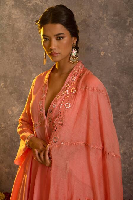 Glittire By Sakshi Verma Pink Silk Chanderi Embroidered Resham And Mirror Work Kurta Palazzo Set Online at Aza Fashions Glittire By Sakshi Verma_Pink Silk Chanderi Embroidered Resham And Mirror Work Kurta Palazzo Set _Online_at_Aza_Fashions