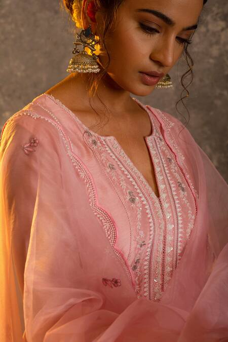 Shop_Glittire By Sakshi Verma_Pink Silk Chanderi Embroidered Pearl And Resham Work Kurta Palazzo Set _Online_at_Aza_Fashions