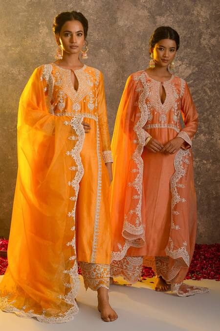 Glittire By Sakshi Verma_Yellow Silk Chanderi Embroidered Dori Kurta Palazzo Set _Online_at_Aza_Fashions