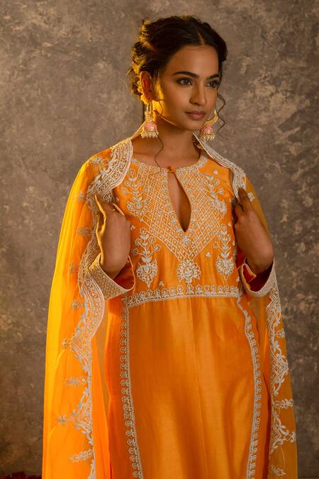 Buy_Glittire By Sakshi Verma_Yellow Silk Chanderi Embroidered Dori Kurta Palazzo Set _Online_at_Aza_Fashions