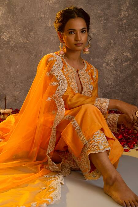 Shop_Glittire By Sakshi Verma_Yellow Silk Chanderi Embroidered Dori Kurta Palazzo Set _Online_at_Aza_Fashions