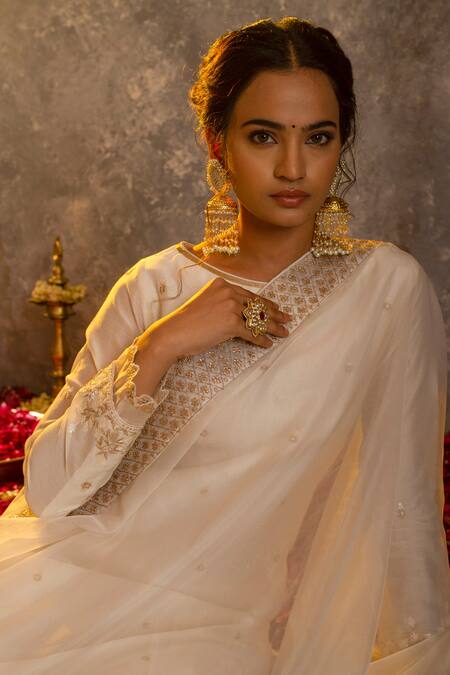 Buy_Glittire By Sakshi Verma_White Organza, Chanderi Zari And Sequin Embroidered Kurta Palazzo Set_Online_at_Aza_Fashions